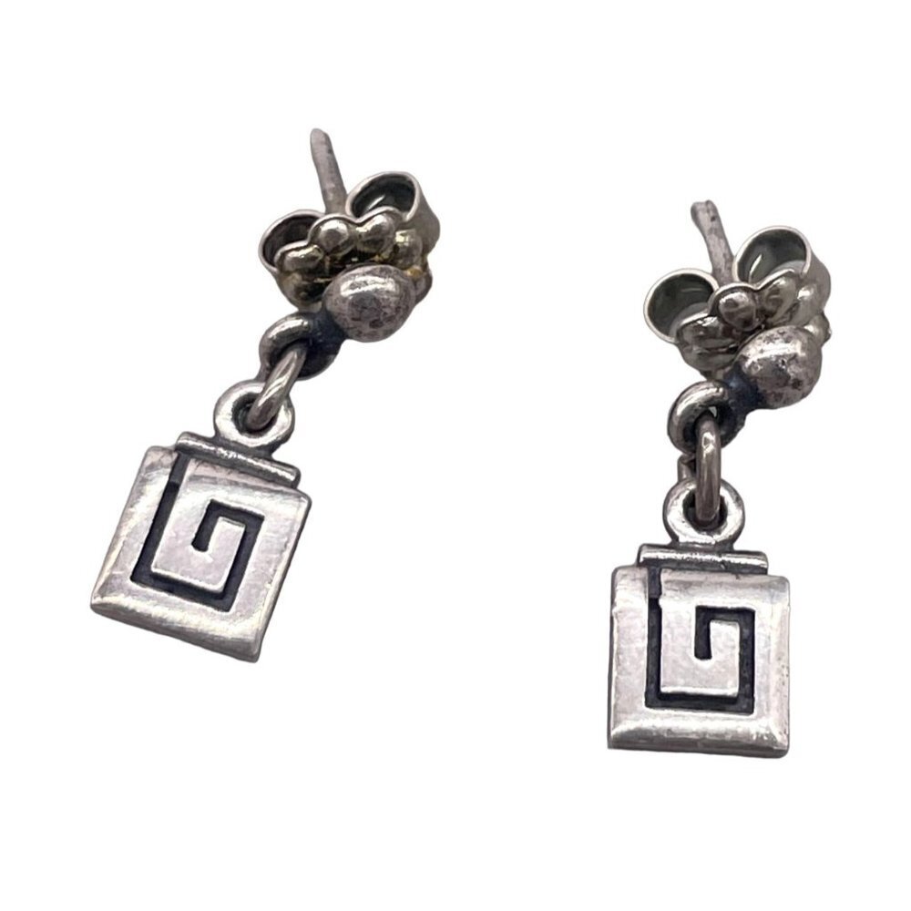 925 Sterling Silver Square Greek Key Dangle Drop Earrings Butterfly Closure